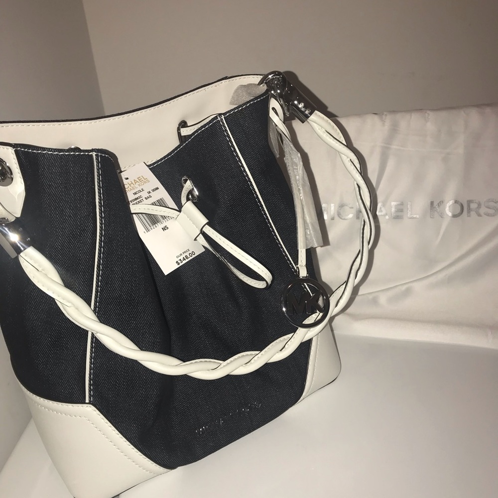 Navy denim & white MKors drawstring shoulder purse